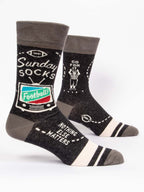 The Blue Q Sunday M-Crew Socks feature football-themed designs and fun phrases like “Sunday Socks” and “Go For It.” With footballs and referees, these gray socks keep feet cozy—perfect for game day with your favorite sweatpants!.