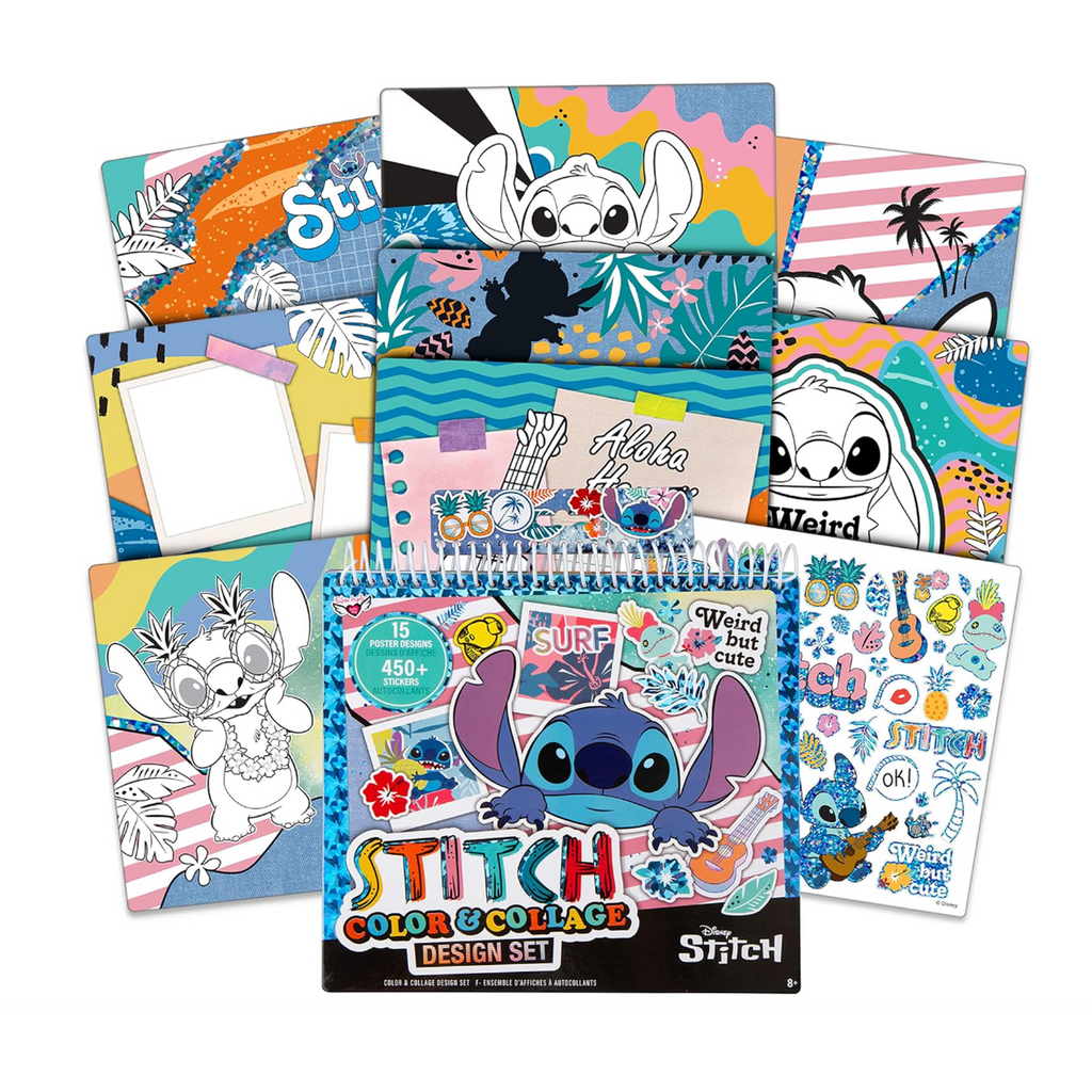 Fashion Angels Disney Stitch Color & Collage Design Set - 15 Colorable Lilo and Stitch Posters - Add Your Own Designs with 7 Included Sticker Sheets - Ages 8 and Up