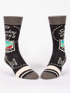 Blue Q’s Sunday M-Crew Socks feature black and gray colors, “Sunday Socks” and “Nothing Else Matters” text, football and TV graphics, plus striped toes and cuffs—perfect for keeping feet warm or gifting.