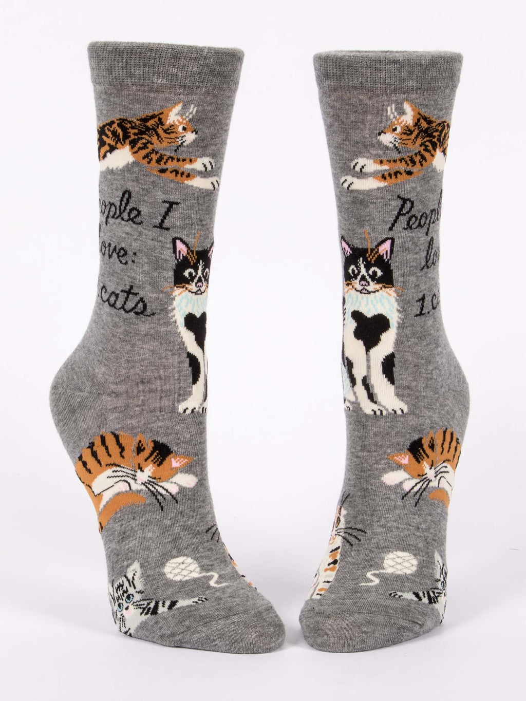 Blue Q People I Love: Cats W-Crew Socks are gray, made from soft combed cotton, and feature playful cat designs with black text that says “People I love: 1. Cats.”.