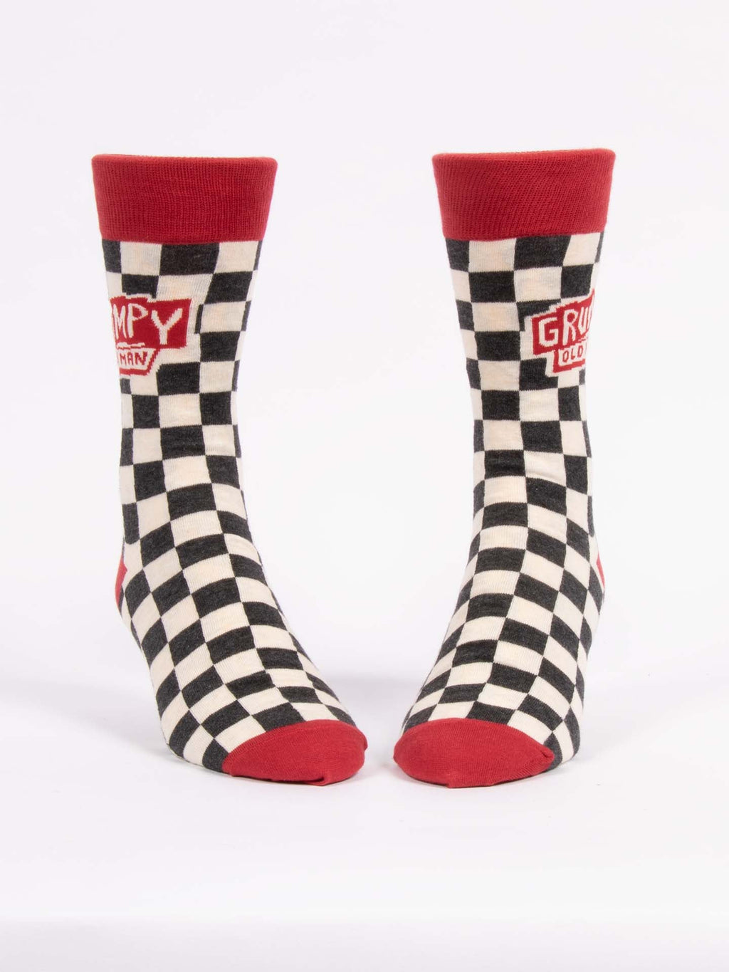 Blue Q’s Grumpy Old Man M-Crew Socks feature a black and white checkered pattern with red cuffs, toes, and heels. Made from combed cotton, each sock sports a bold "GRUMPY OLD MAN" patch for extra personality.