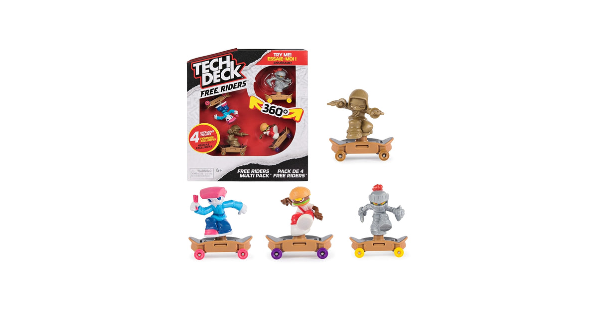 Tech Deck Free Riders 4-Pack, Fingerboard and Fidget Toy Set with 4 Exclusive Figures, Skateboard Toys and Toy Figures & Playsets for Kids