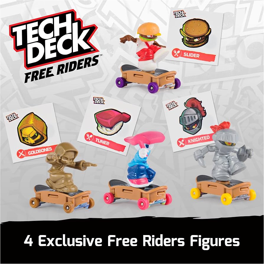 Tech Deck Free Riders 4-Pack, Fingerboard and Fidget Toy Set with 4 Exclusive Figures, Skateboard Toys and Toy Figures & Playsets for Kids