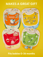 Blue Q's "Sorry I'm Crabby. I Slept Like Garbage./ Lunch Chucker Bibs" set includes four absorbent cotton bibs with fun phrases and cute illustrations. Fits babies 0-36 months and makes a great gift.