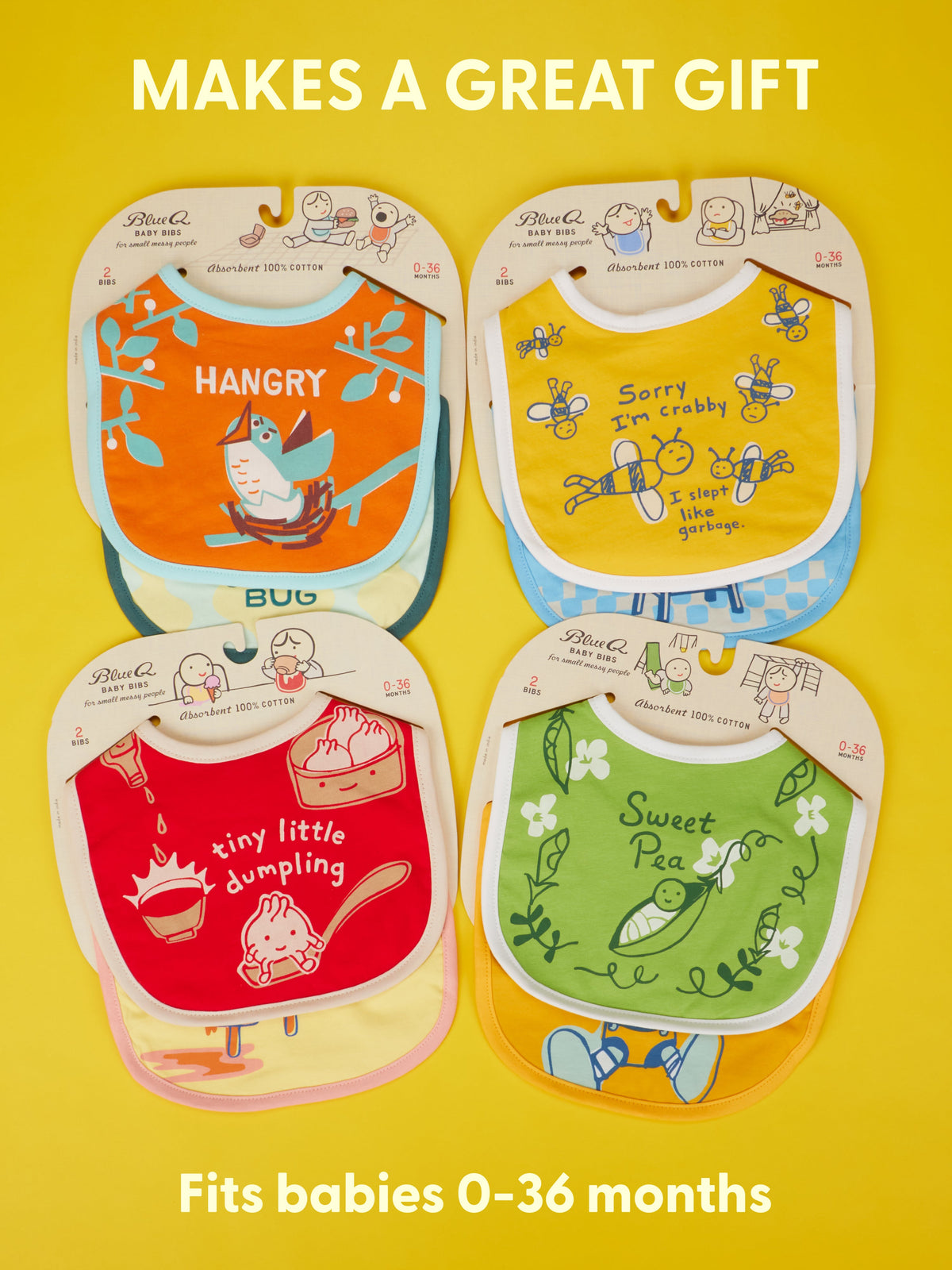 Blue Q's "Sorry I'm Crabby. I Slept Like Garbage./ Lunch Chucker Bibs" set includes four absorbent cotton bibs with fun phrases and cute illustrations. Fits babies 0-36 months and makes a great gift.