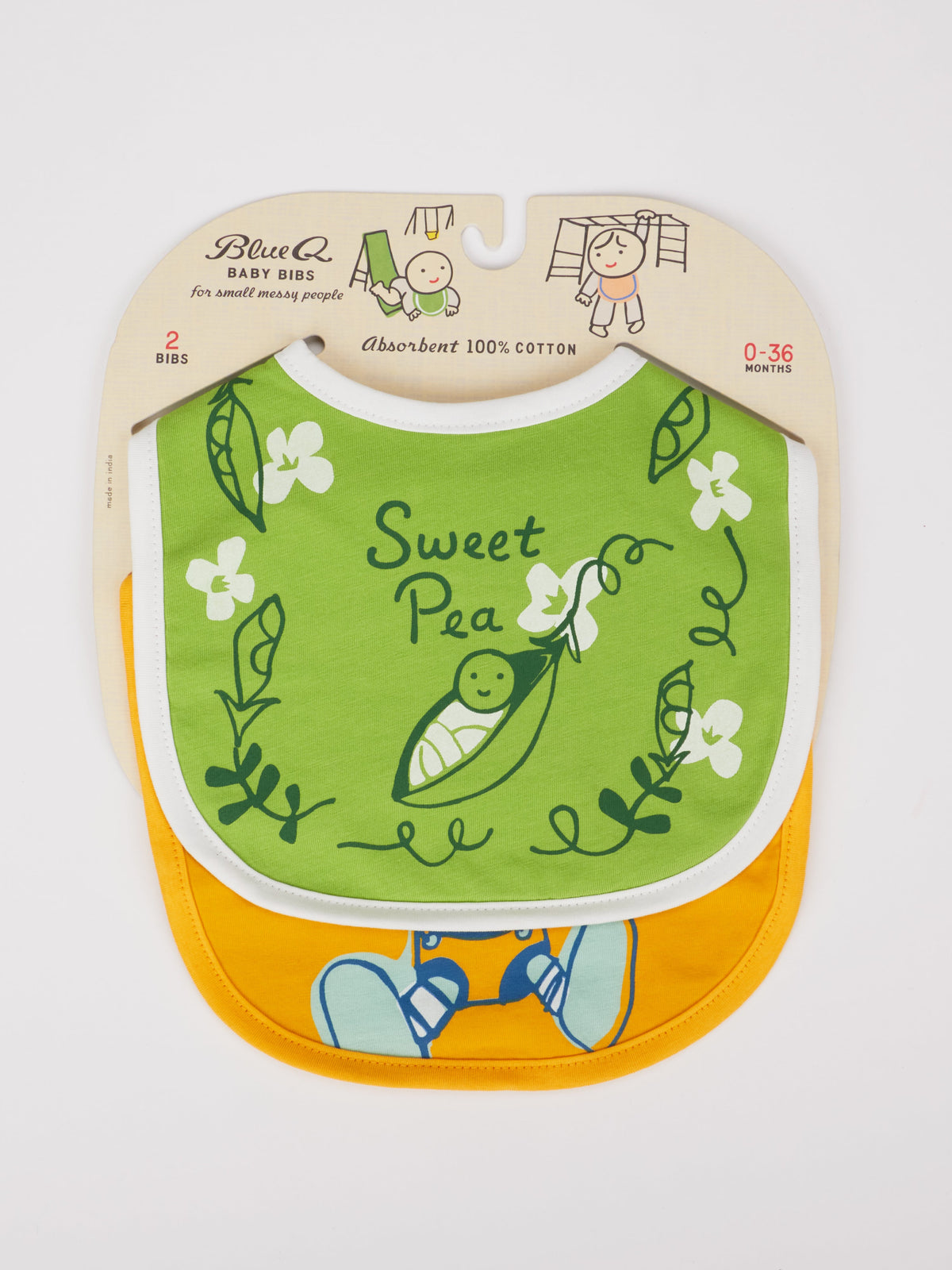 Blue Q Sweet Pea/Wrecking Ball Baby Bibs: Top green bib has "Sweet Pea" with a pea pod and vines; bottom yellow bib shows a partial blue design. Made of absorbent cotton towel, 2 layers, ideal for ages 0-36 months.