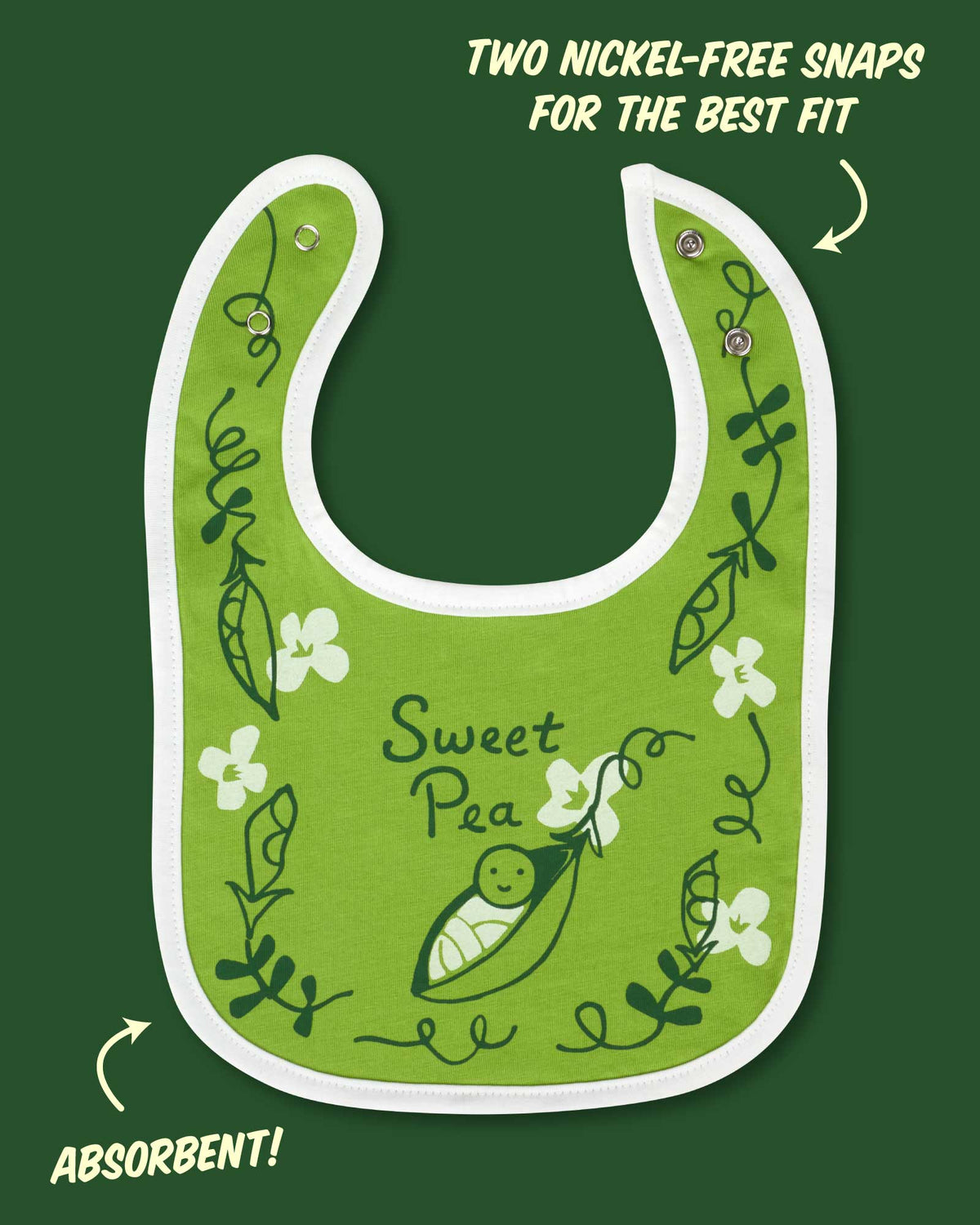 The Blue Q Sweet Pea/Wrecking Ball Baby Bib features a green design with white trim, cute pea pod illustration and "Sweet Pea" text, comfy absorbent jersey, two nickel-free snaps for fit, plus decorative vines and pea pods.