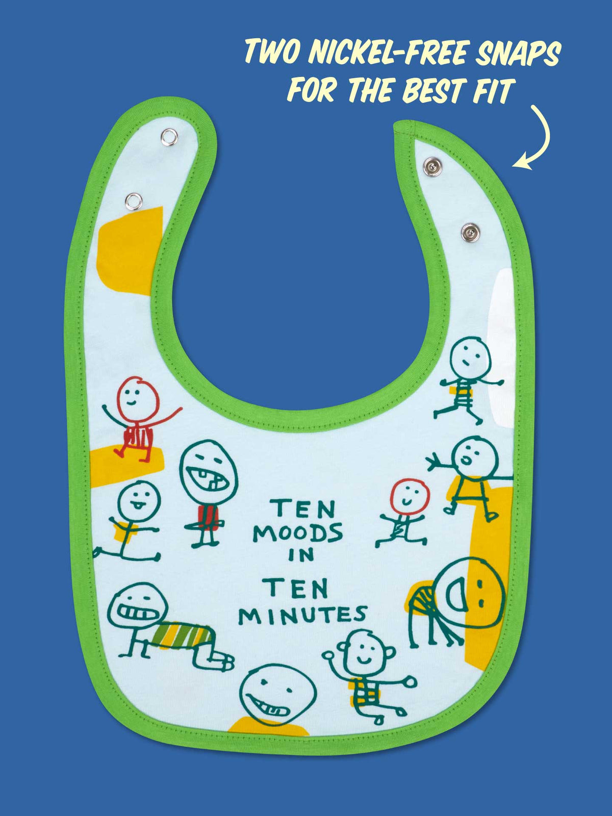 The Blue Q "Ten Moods In Ten Minutes/ Finding My Voice" baby bib features soft terry fabric, green trim, playful stick figures, and absorbent design. It fastens with two nickel-free snaps and displays the text "TEN MOODS IN TEN MINUTES.