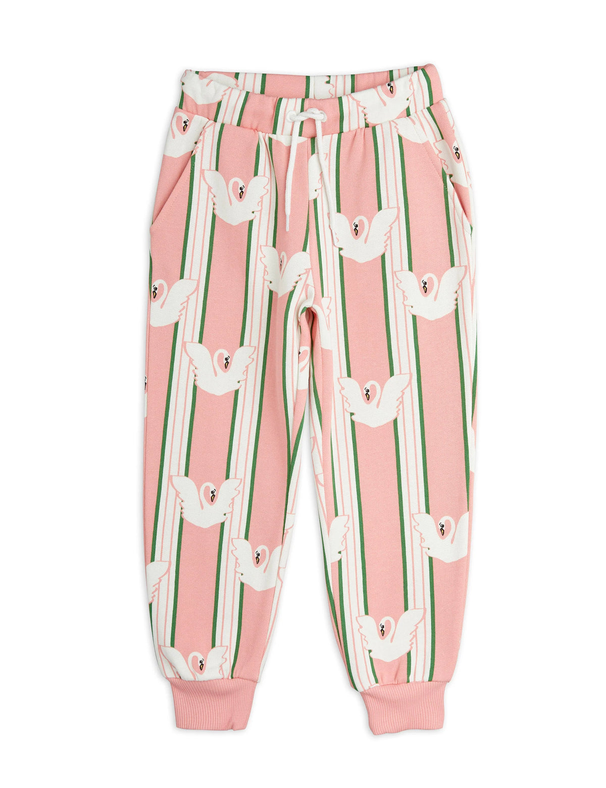 Pink jogger pants with white duck pattern on a white background