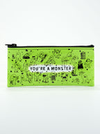 The Blue Q "You're A Monster Pencil Case" is a green zippered pouch with black cartoon monster drawings and bold white "YOU'RE A MONSTER" text—perfect for organizing your supplies.