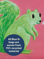 A cheerful green squirrel illustration graces the Pretty Good At Bad Decisions Coin Purse by Blue Q, set against a pink background with a circle accent—reminding you that all Blue Q bags are woven from 95% recycled material and that even everyday essentials can gently nudge your personal growth.