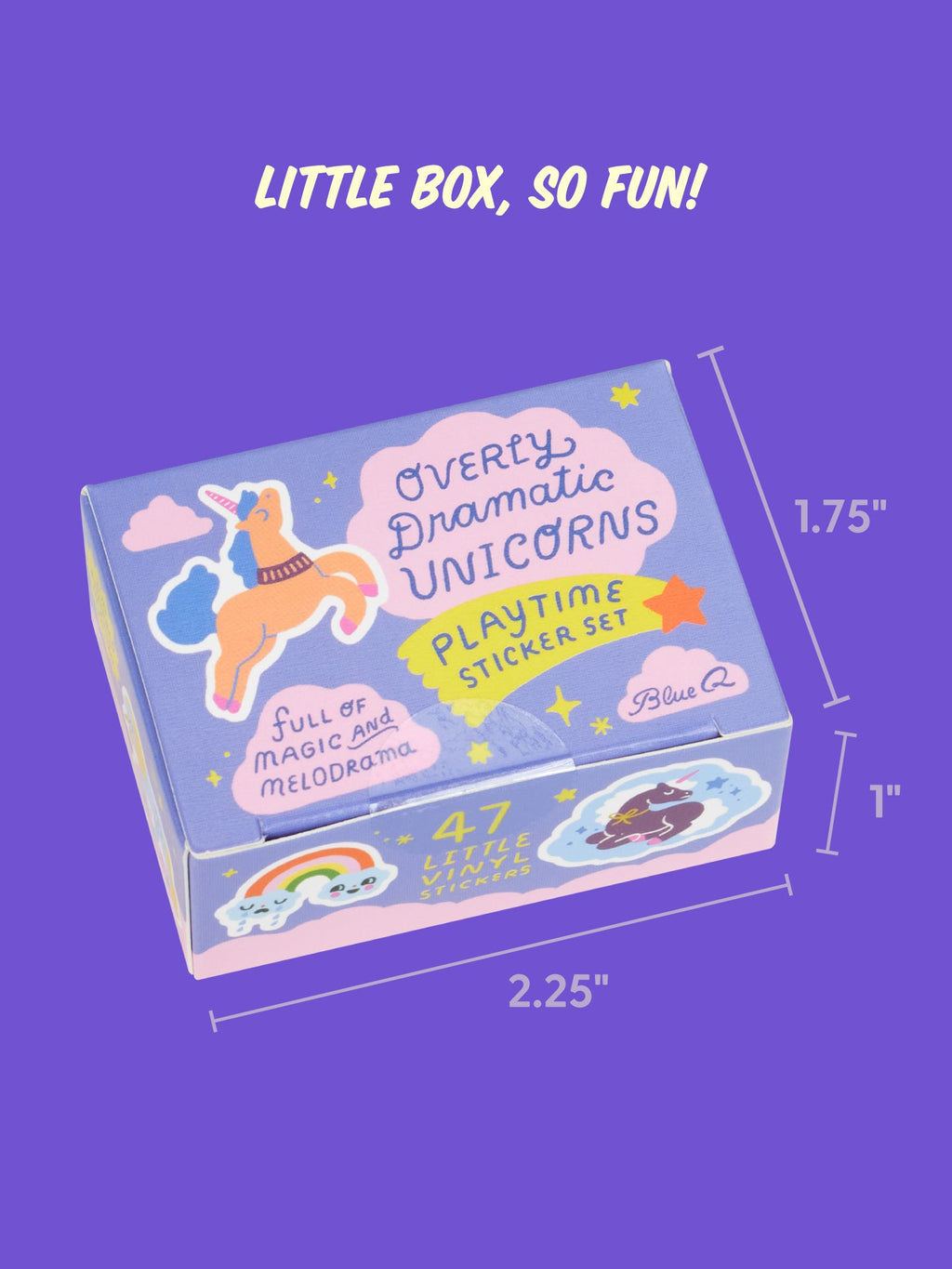 Overly Dramatic Unicorns Playtime Sticker Set in a small rectangular box measuring 2.25 inches wide, 1.75 inches high, and 1 inch deep, featuring unicorn and rainbow designs.