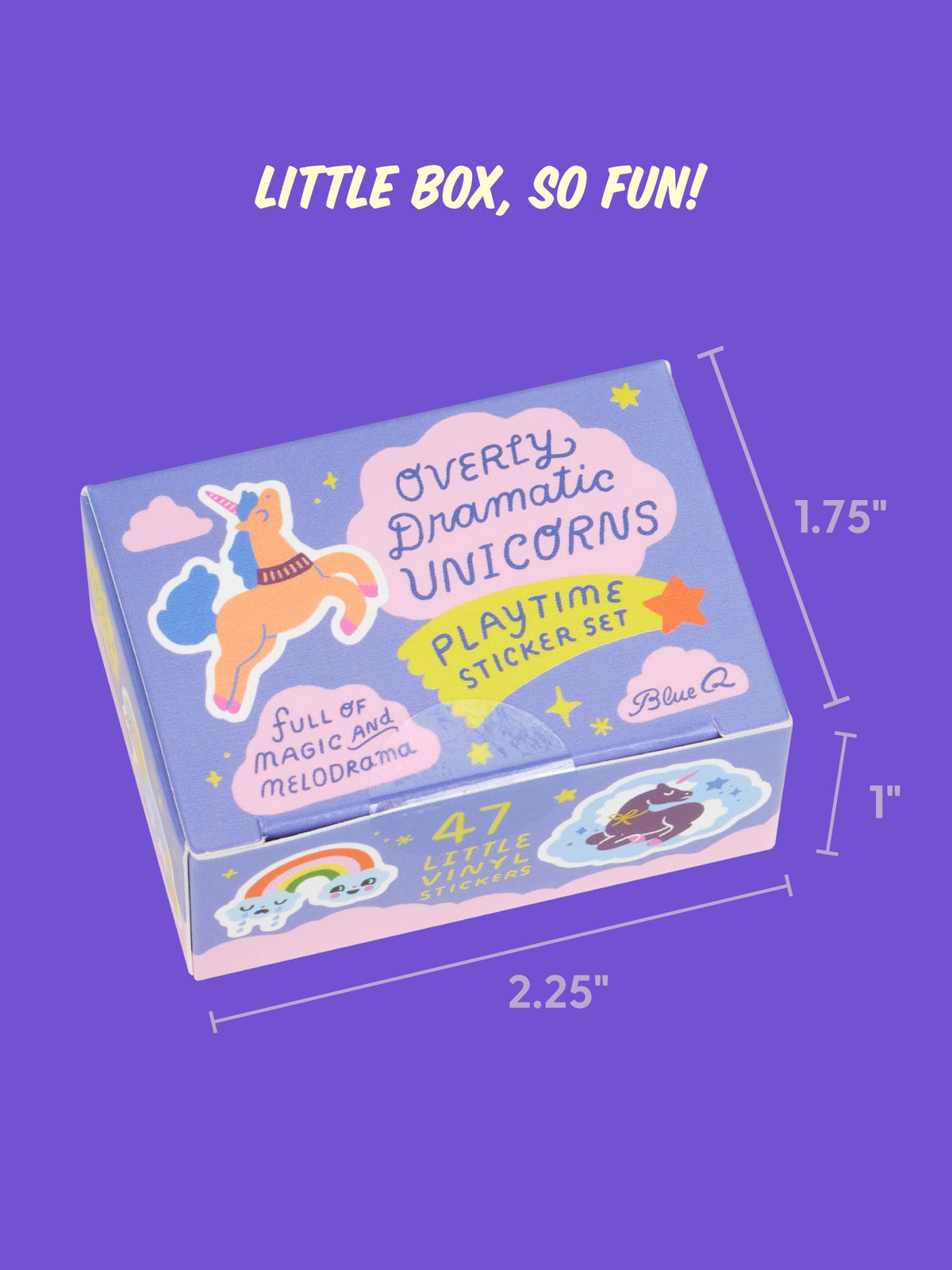 Overly Dramatic Unicorns Playtime Sticker Set in a small rectangular box measuring 2.25 inches wide, 1.75 inches high, and 1 inch deep, featuring unicorn and rainbow designs.