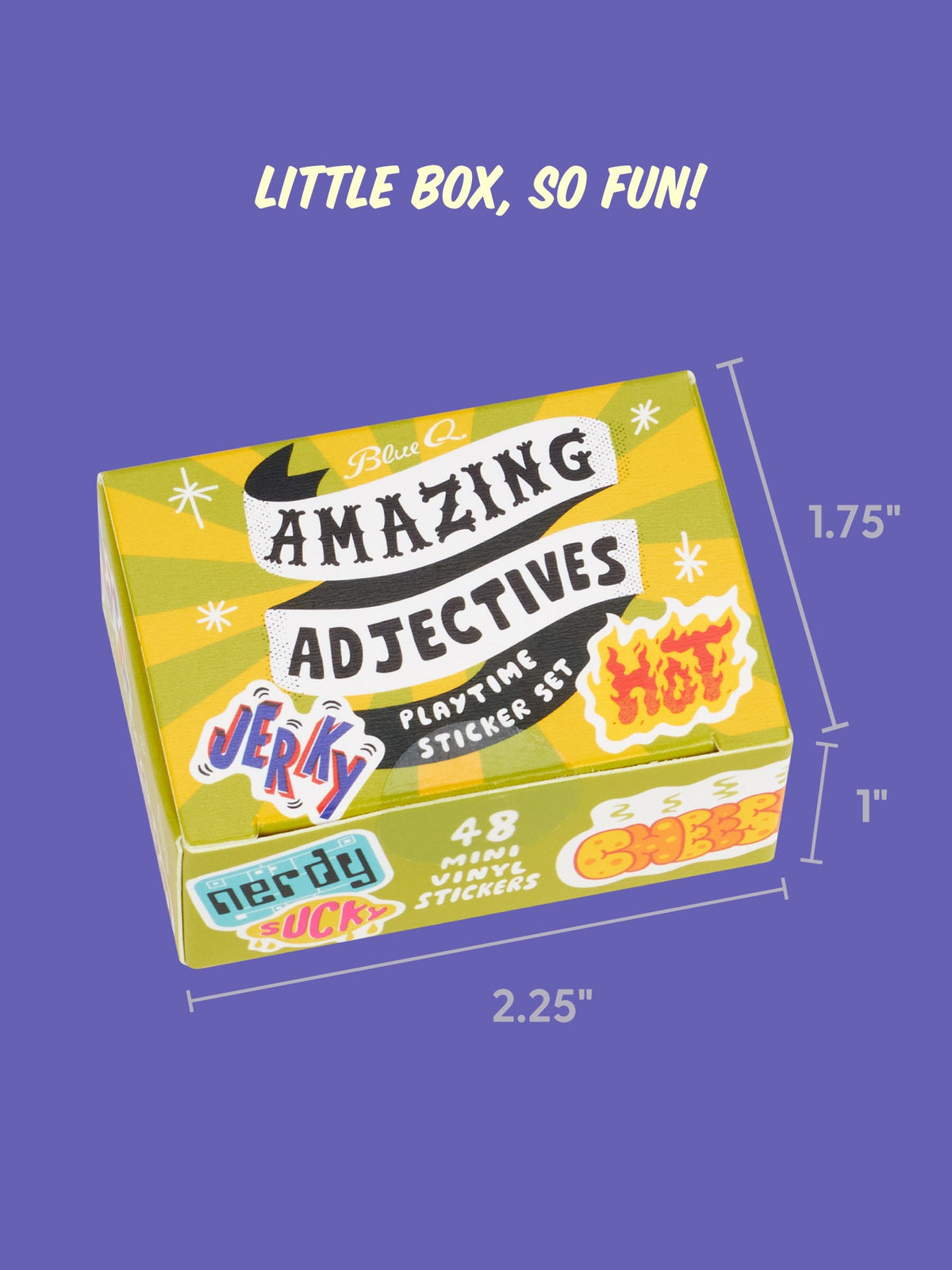 Blue Q Amazing Adjectives Playtime sticker set in a small, 2.25-inch wide, 1.75-inch high, and 1-inch deep rectangular box containing a collection of words that modify nouns.