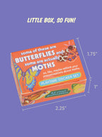 Small orange box of Some Of These Are Butterflies And Some Are Actually Moths Playtime Sticker Set with measurements labeled on the side.