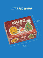 A 2.25 by 1.75 by 1 inch rectangular box for the Nugz Playtime Sticker Set, featuring cartoon chicken nuggets roasting marshmallows and playing guitar.