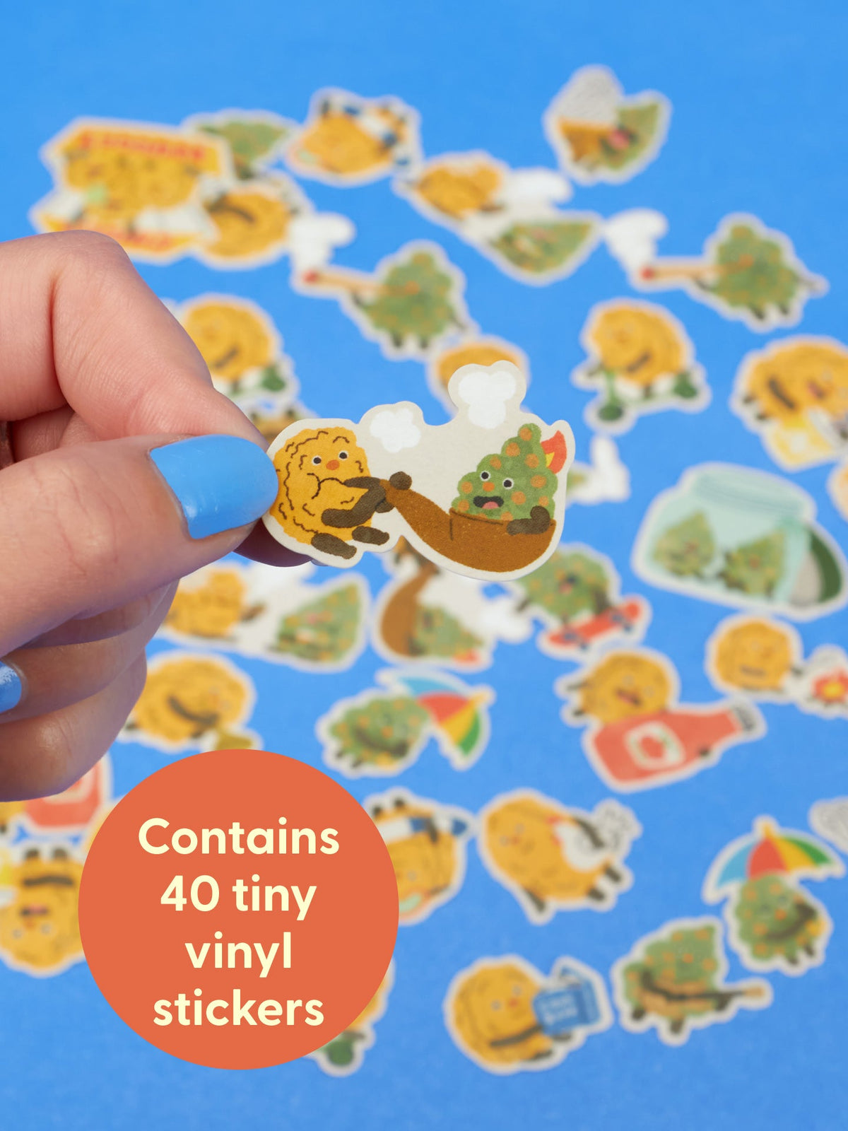 A hand holds up a Nugz Playtime Sticker Set, showing a small sticker of a cartoon nugget smoking a pipe next to a tree against a background of various cartoon stickers, with a label reading: Contains 40 tiny vinyl stickers.