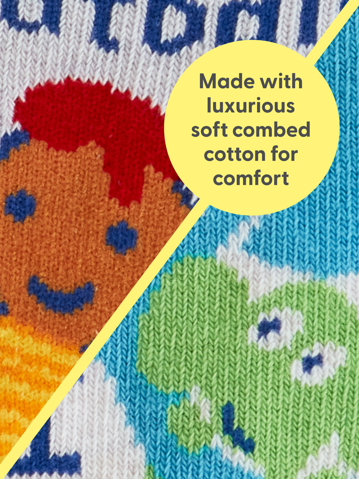 Close-up of Blue Q Little Meatball/I Get Heavy Baby Socks: colorful knitted fabric with smiling faces, divided diagonally. A yellow circle overlay reads, Made with luxurious soft combed cotton—fun and comfy!.