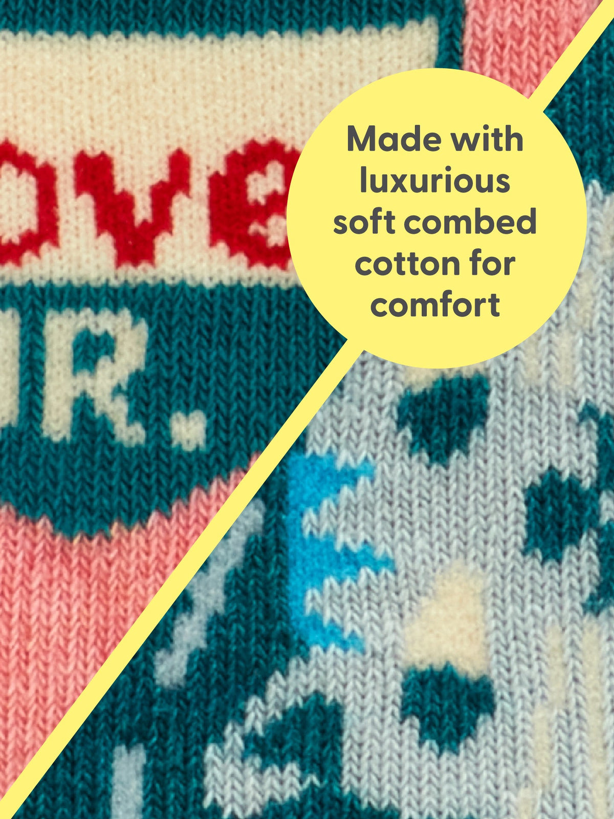 Close-up of colorful knitted fabric divided diagonally, with a yellow circle overlay reading “Cat Lover Jr./ The Baby Did It. Baby Socks by Blue Q—made with luxurious soft combed cotton and organic cotton for comfort” in bold text.