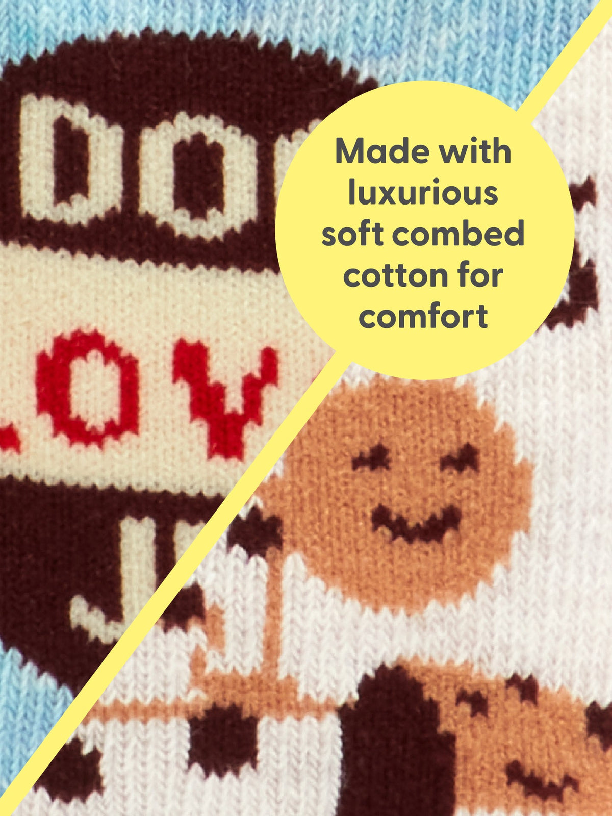 Close-up of colorful knitted fabric with playful patterns, divided by a yellow line. A yellow circle overlay reads, Made with luxurious soft combed cotton for comfort—Dog Lover Jr./Itty Bitty Buddies Baby Socks by Blue Q are the perfect organic cotton socks for you and your besties.